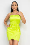 neon yellow Overlapping Hem Shirred Satin Dress