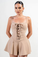 light brown stretch woven Stretch Lace Up Romper