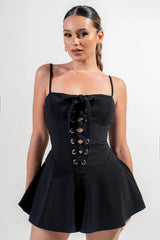 Black stretch woven Stretch Lace Up Romper