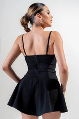 back view of Black stretch woven Stretch Lace Up Romper