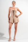 light brown stretch woven Stretch Lace Up Romper front view