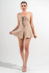 light brown stretch woven Stretch Lace Up Romper