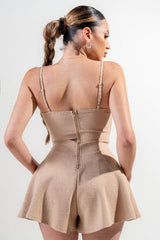 back view of light brown stretch woven Stretch Lace Up Romper