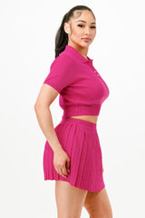 side view of Woman wearing a pink outfit on a white background