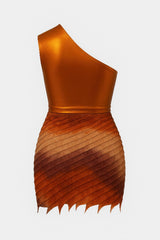 One-shoulder orange skirt set with fringe details on a white background