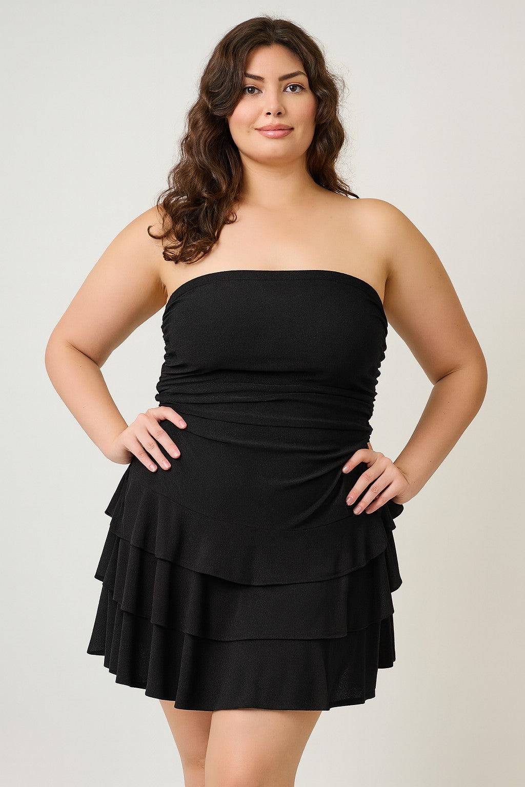 Black Plus Size Strapless Tiered Ruffle Dress