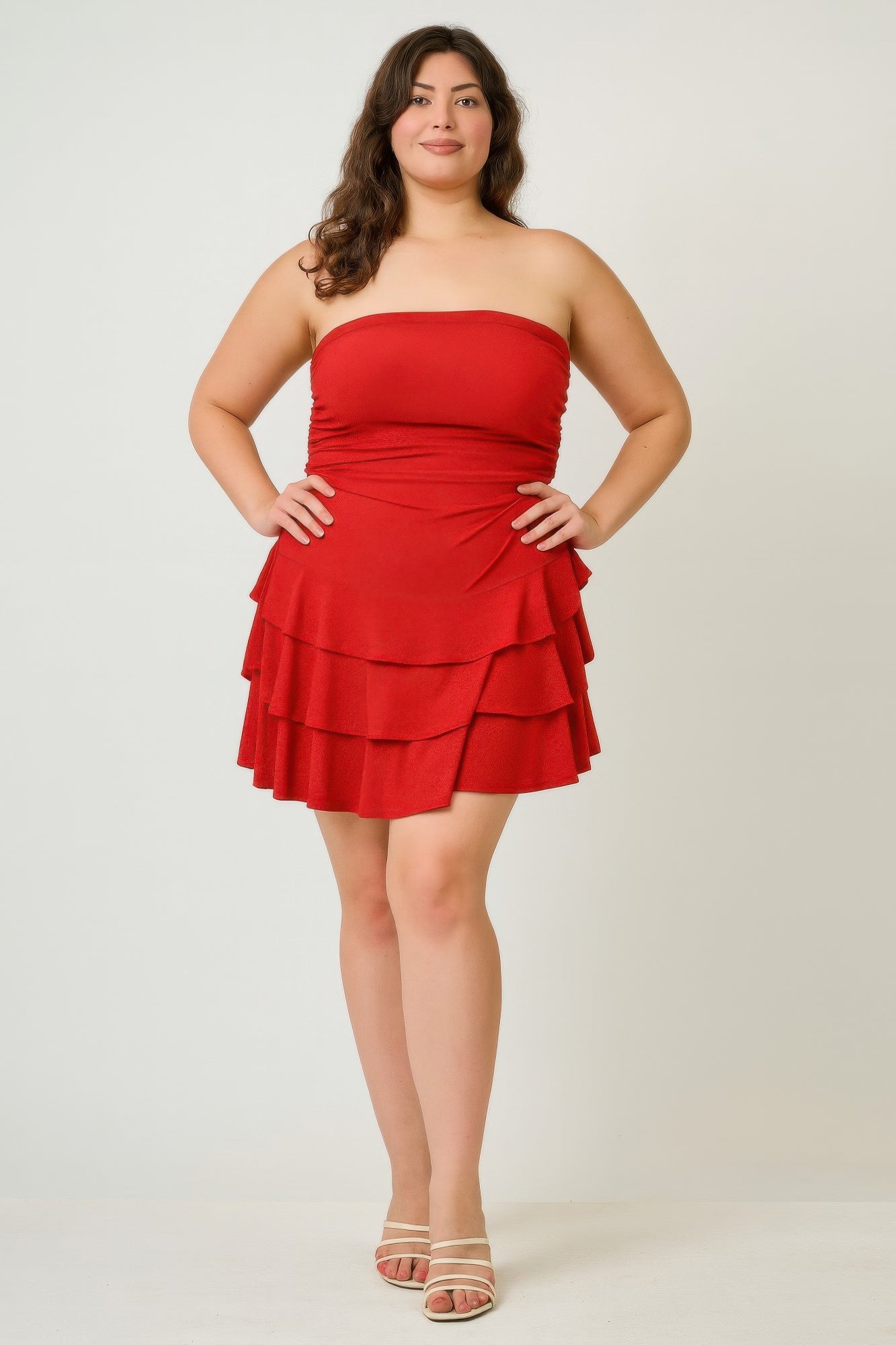 red strapless dress plus size Final Sale Plus Size Strapless Pleated Ruffle Gown with Front Slit in Red