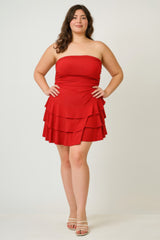 Red Plus Size Strapless Tiered Ruffle Dress