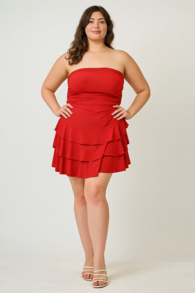 Red Plus Size Strapless Tiered Ruffle Dress