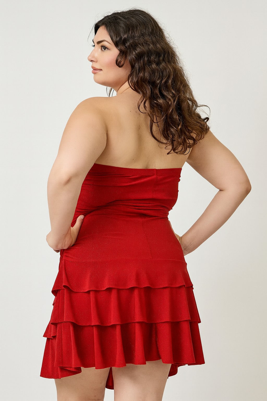 back view of red Plus Size Strapless Tiered Ruffle Dress