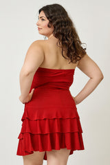 back view of red Plus Size Strapless Tiered Ruffle Dress