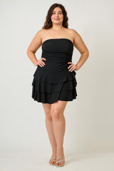 Black Plus Size Strapless Tiered Ruffle Dress