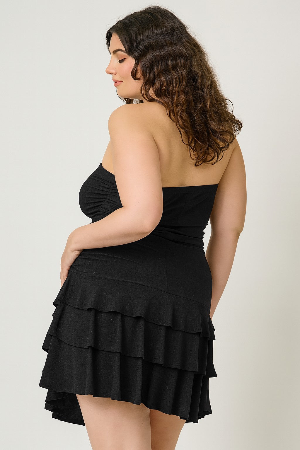 back view of Black Plus Size Strapless Tiered Ruffle Dress