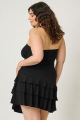 back view of Black Plus Size Strapless Tiered Ruffle Dress