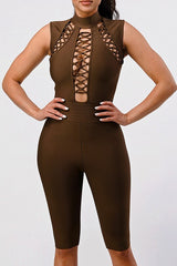close up view of Sexy Brown Criss Cross Detail Bandage Romper