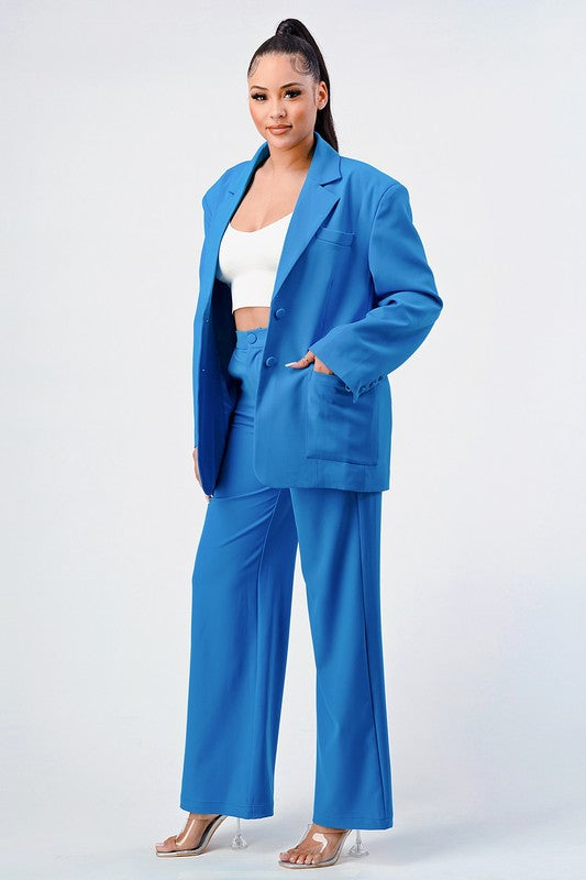 blue business CASUAL LOOSE FIT BLAZER AND PANTS set