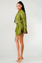 Olive Green Faux Leather Jacket with Matching Pleated Skirt Set