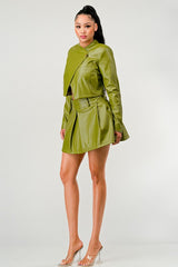 Olive Green Faux Leather Jacket with Matching Pleated Skirt Set