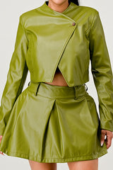 Olive Green Faux Leather Jacket with Matching Pleated Skirt Set