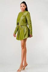 Olive Green Faux Leather Jacket with Matching Pleated Skirt Set