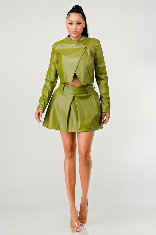 Olive Green Faux Leather Jacket with Matching Pleated Skirt Set