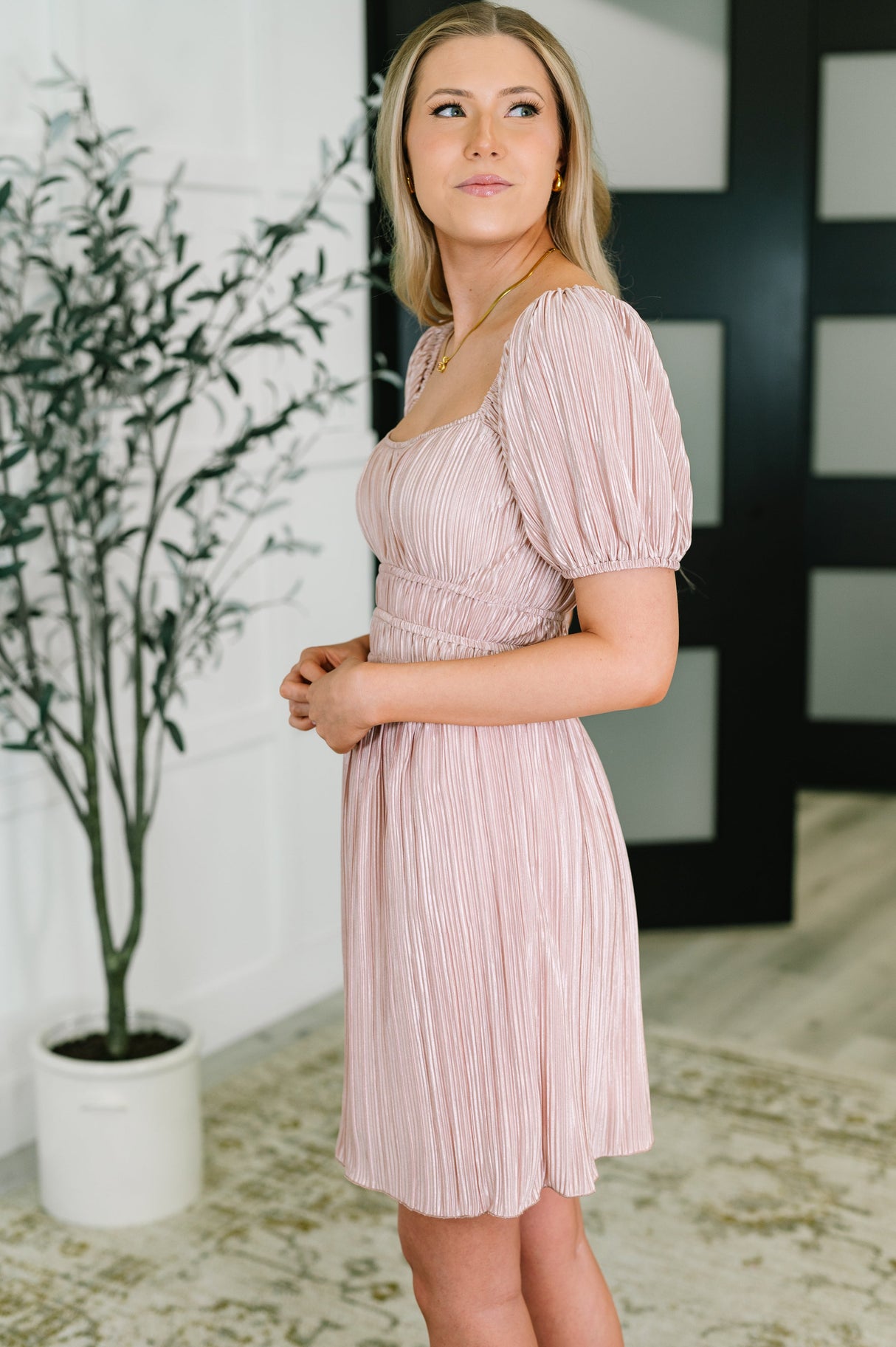 Blush Plisse Balloon Sleeve Dress