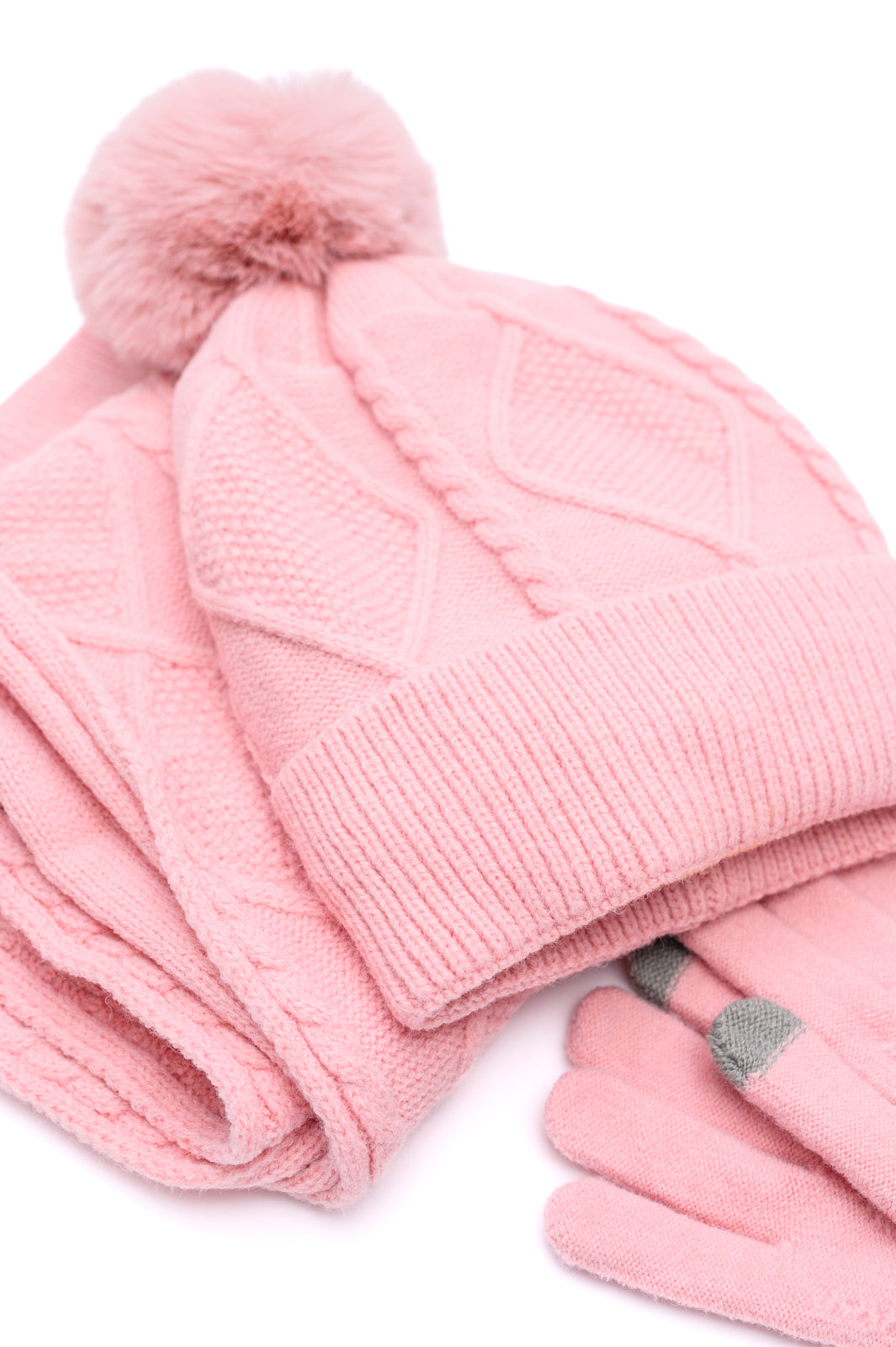 pink beanie gloves and scarf