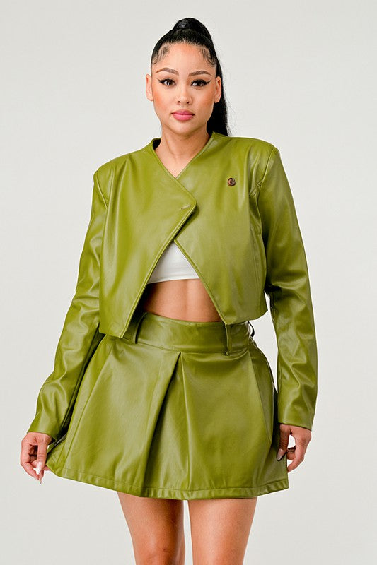 Olive Green Faux Leather Jacket with Matching Pleated Skirt Set