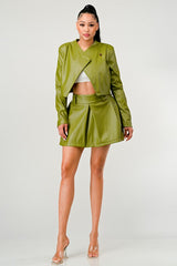 Olive Green Faux Leather Jacket with Matching Pleated Skirt Set