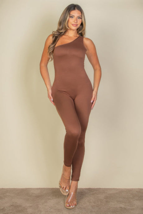 light brown One Shoulder Bodycon Jumpsuit