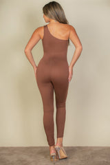 back view of light brown One Shoulder Bodycon Jumpsuit