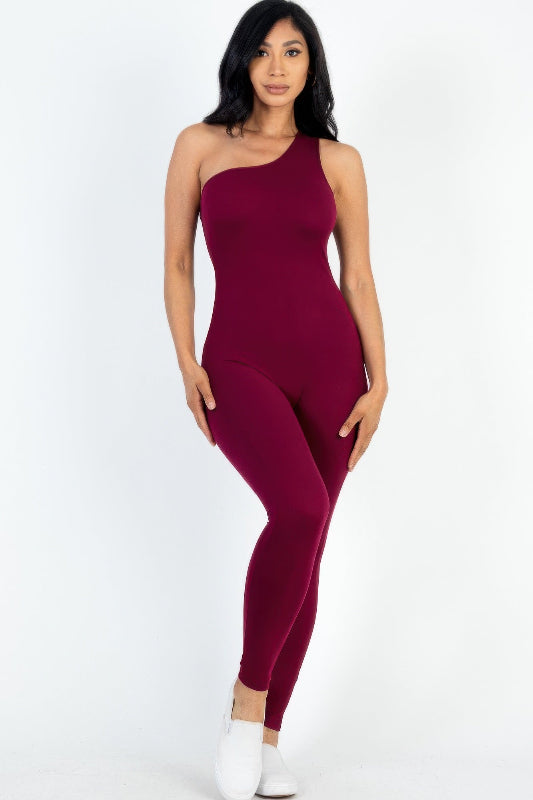 burgundy One Shoulder Bodycon Jumpsuit