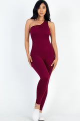 burgundy One Shoulder Bodycon Jumpsuit