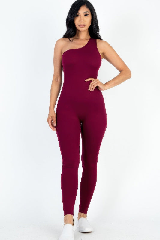 burgundy One Shoulder Bodycon Jumpsuit