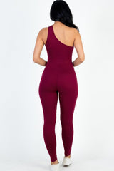 back view of burgundy One Shoulder Bodycon Jumpsuit