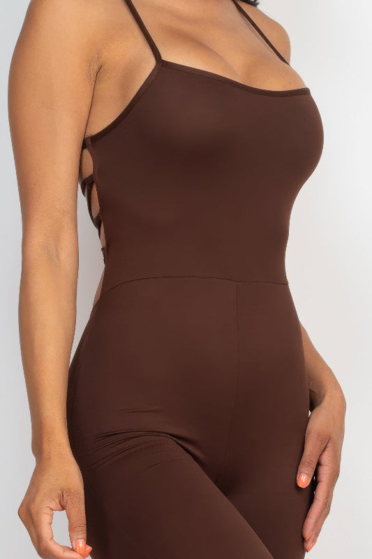 close up of brown Criss-Cross Open Back Bodycon Jumpsuit