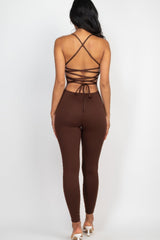 back of brown Criss-Cross Open Back Bodycon Jumpsuit