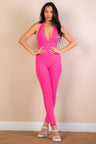 pink Halter V Neck Ribbed Bodycon Catsuits Jumpsuit