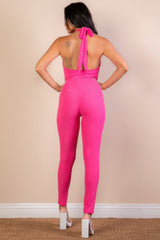 back view of Halter V Neck Ribbed Bodycon Catsuits Jumpsuit
