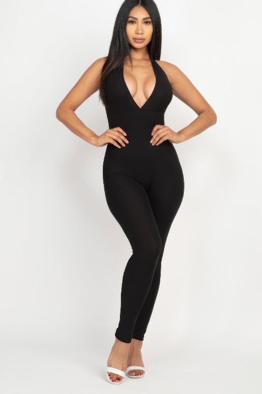 front view of Black Halter V Neck Ribbed Bodycon Catsuits Jumpsuit