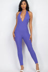purple Halter V Neck Ribbed Bodycon Catsuits Jumpsuit