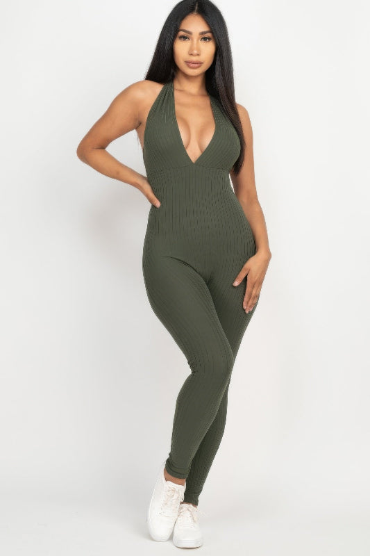 olive green Halter V Neck Ribbed Bodycon Catsuits Jumpsuit