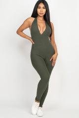 olive green Halter V Neck Ribbed Bodycon Catsuits Jumpsuit