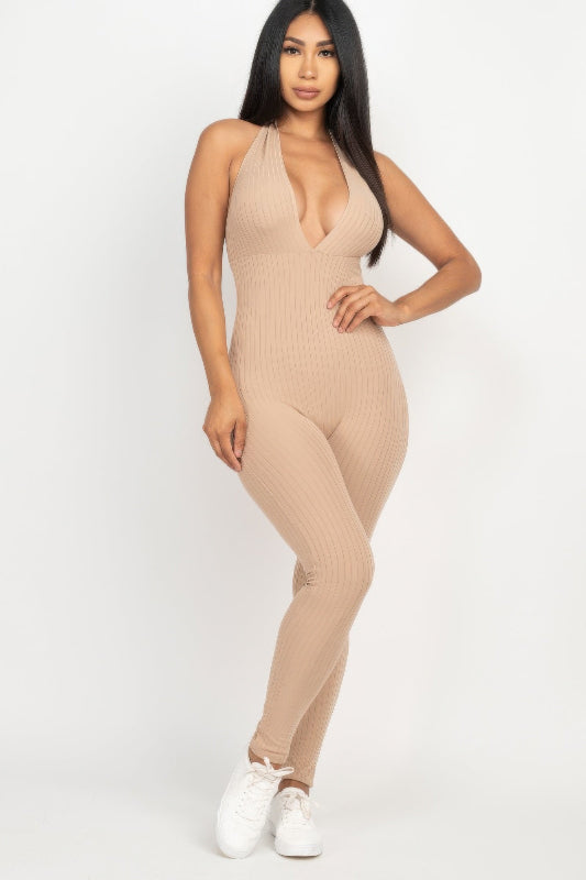 light brown Halter V Neck Ribbed Bodycon Catsuits Jumpsuit