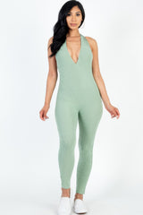 green Halter V Neck Ribbed Bodycon Catsuits Jumpsuit