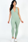 green Halter V Neck Ribbed Bodycon Catsuits Jumpsuit