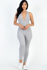 grey Halter V Neck Ribbed Bodycon Catsuits Jumpsuit