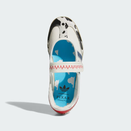 Adidas Pixar Toy Story Samba Jane Shoes with a blue insole featuring Pixar branding on a white background
