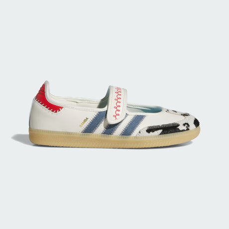 White Adidas Pixar Toy Story Samba Jane shoe with red and blue accents on a light gray background