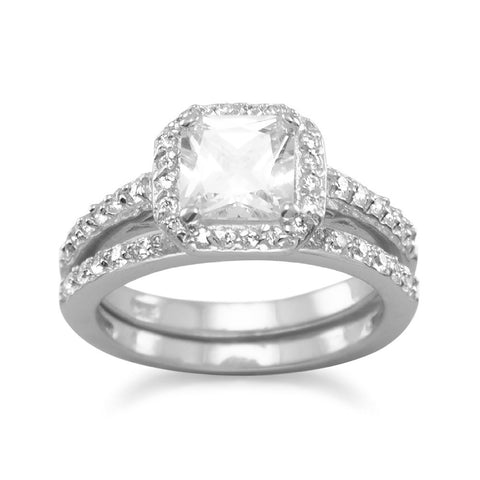 Rhodium plated cubic zirconia engagement bridal ring set